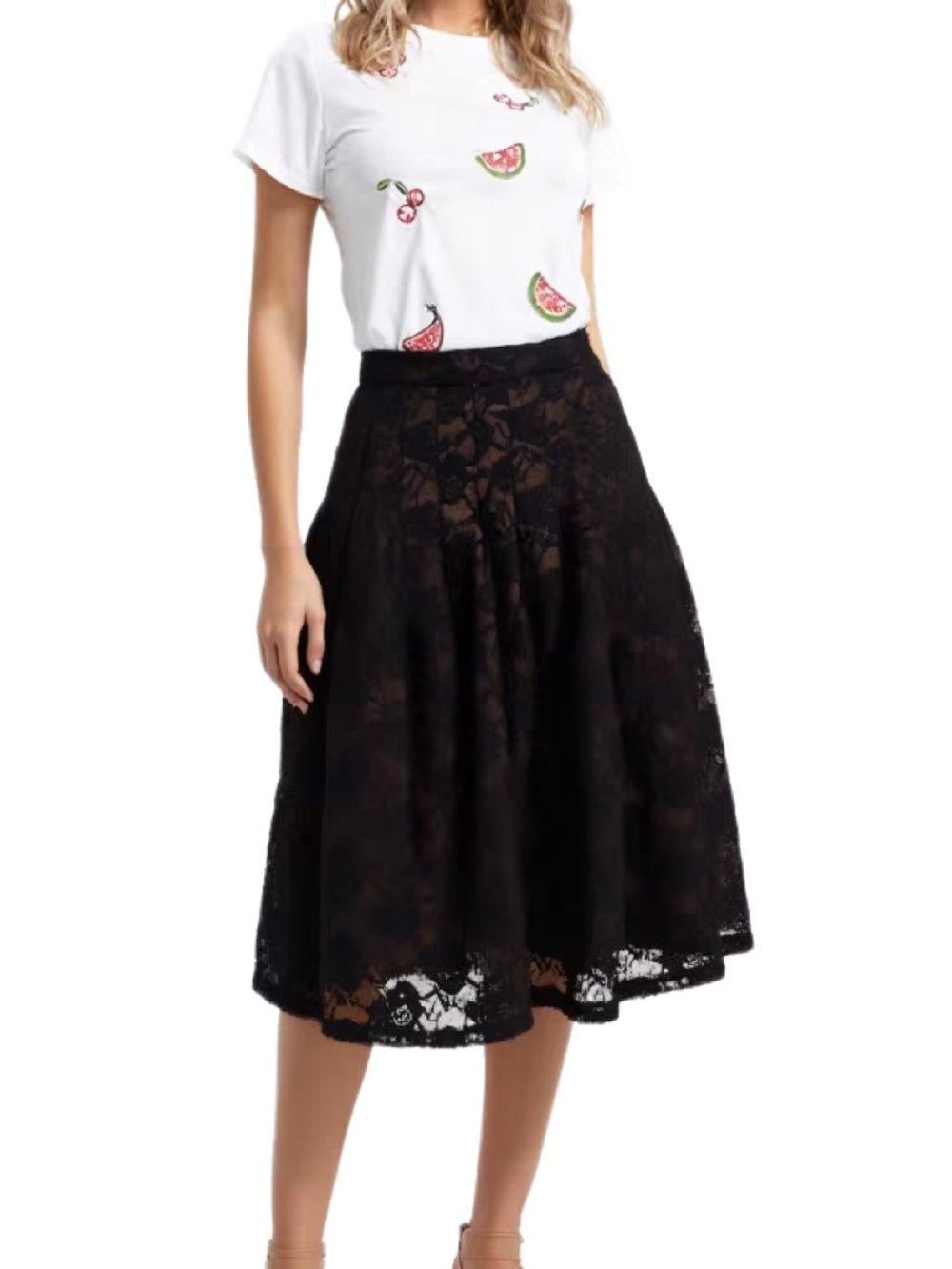 Vertigo Paris NWT Black Lace Midi Skirt with Brown undertone Size 4
